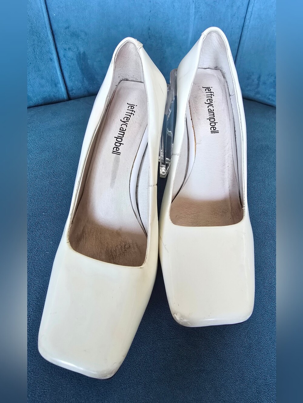 Jeffrey Campbell White Patent Square-Toe Pumps with Clear Block Heel